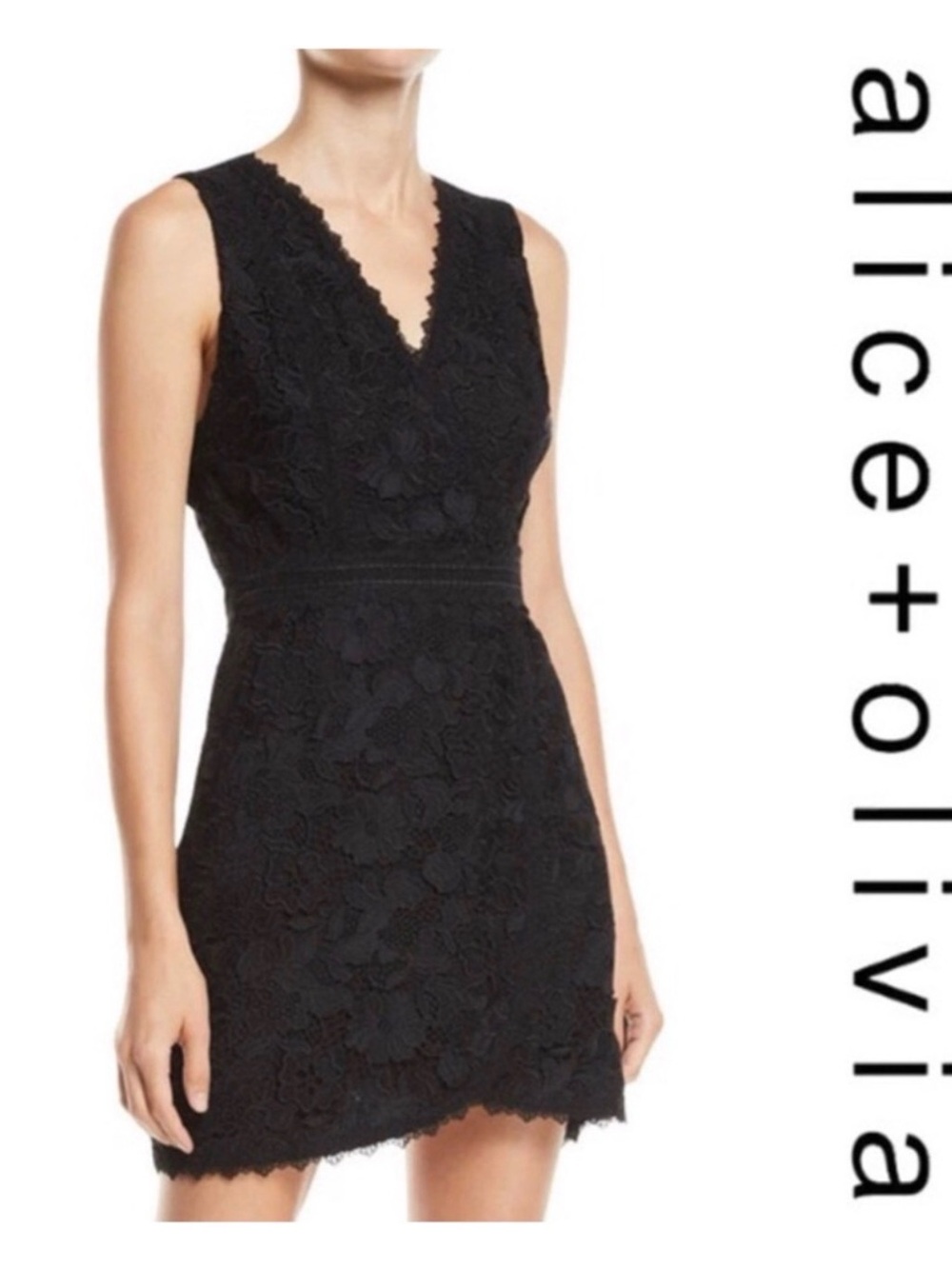 Alice + Olivia Black Floral Lace V-Neck Mini Dress